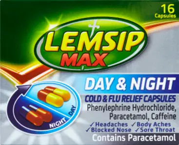 LEMSIP MAX day & night cold & flu relief capsules 25mg/500mg/6.1mg 16