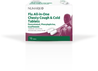 NUMARK OTC medicines cold & flu relief all in one chesty cough and cold tablets 100mg/250mg/5mg 16