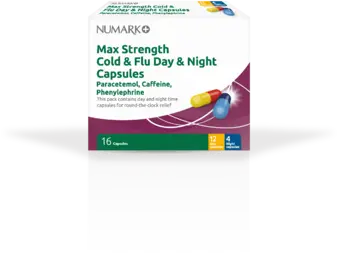 NUMARK OTC medicines cold & flu relief max strength day & night capsules 25mg/500mg/6.1mg 16