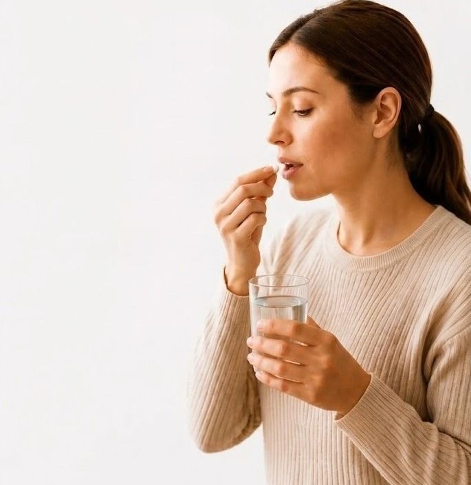woman holding glass or water and taking a pill