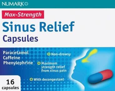 NUMARK OTC medicines cold & flu relief max strength sinus relief capsules 25mg/500mg/6.1mg  16