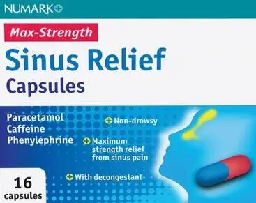 NUMARK OTC medicines cold & flu relief max strength sinus relief capsules 25mg/500mg/6.1mg 16