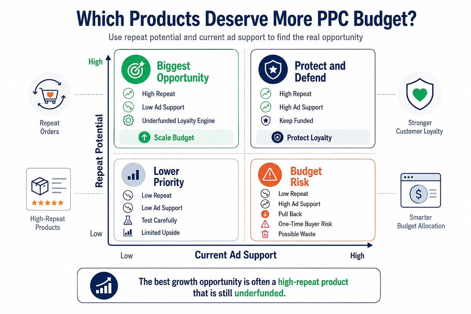 Opportunity matrix showing which products deserve more Amazon PPC budget based on repeat rate and current ad support, highlighting high-repeat low-support products as the biggest growth opportunity.