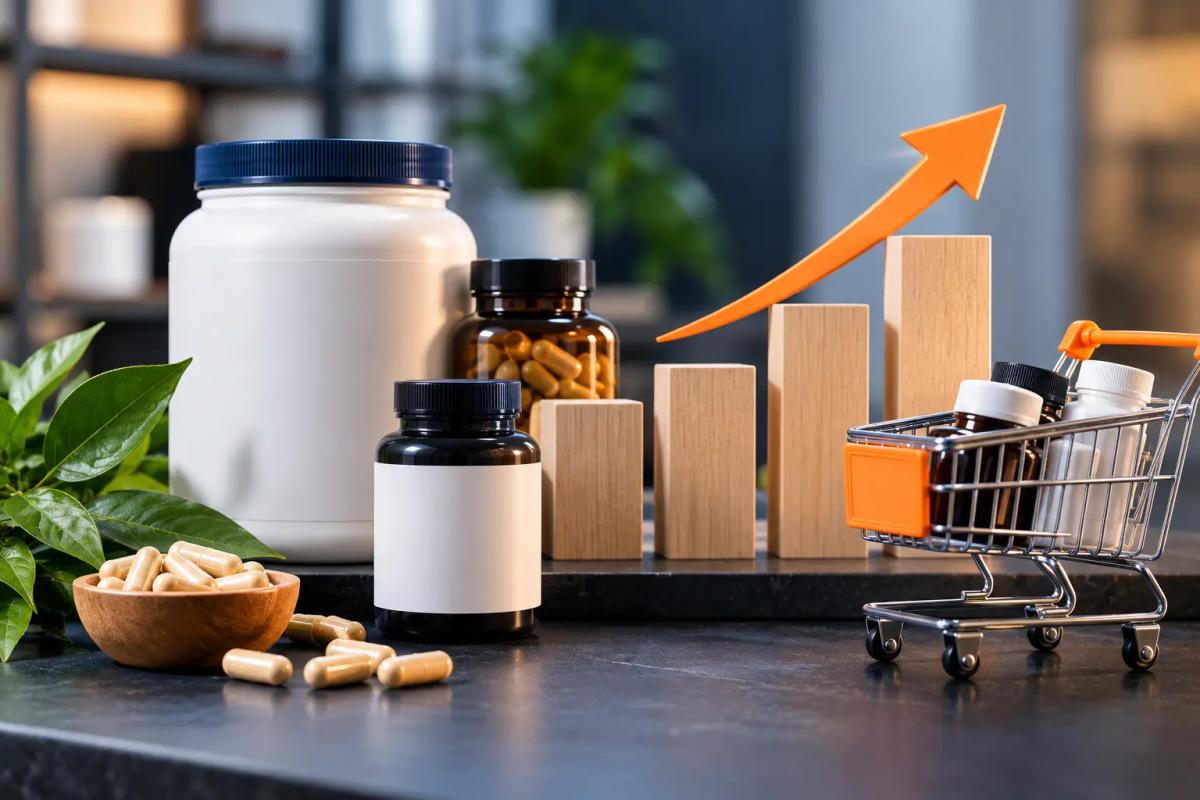 Premium supplement products with ecommerce growth visuals and a shopping cart, representing Amazon PPC services for supplement brands doing $200K+ per month.