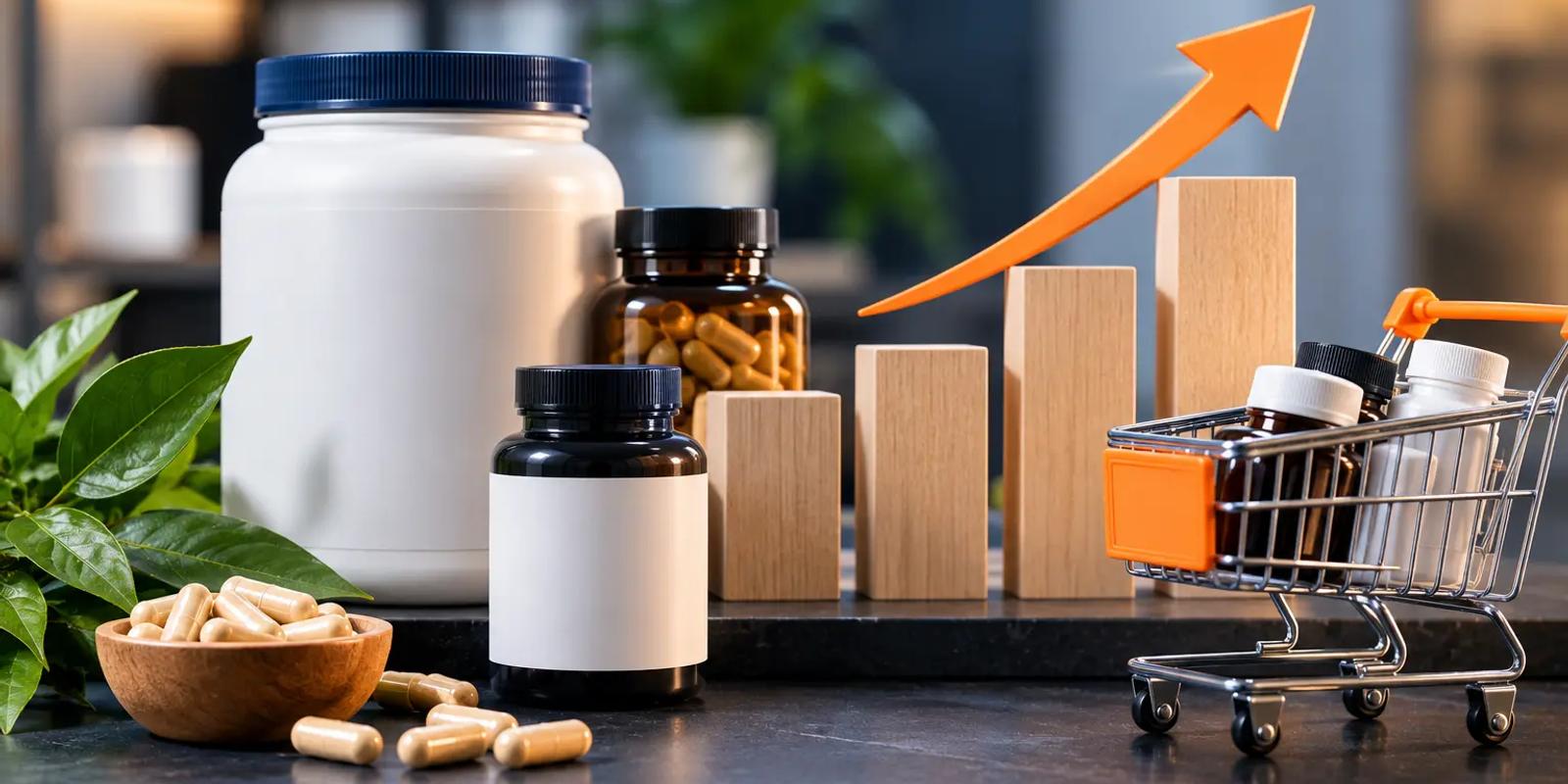 Premium supplement products with ecommerce growth visuals and a shopping cart, representing Amazon PPC services for supplement brands doing $200K+ per month.
