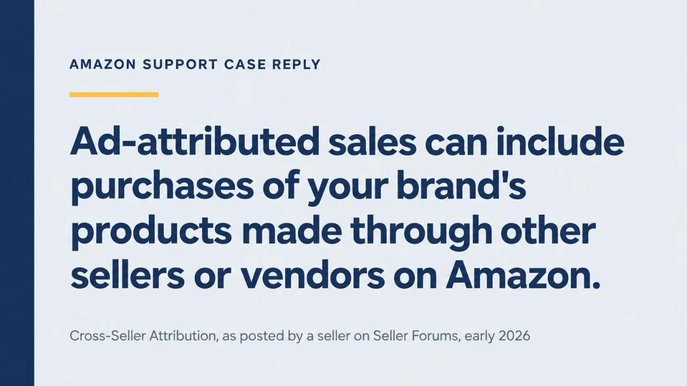 Quote card showing Amazon support's reply that ad-attributed sales can include purchases made through other sellers or vendors.