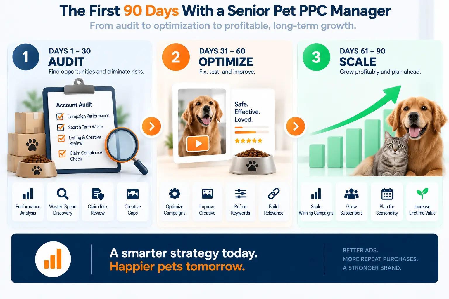 90-day Amazon PPC management roadmap for pet brands covering account audit, claim review, creative improvements, campaign optimization, and seasonal planning.