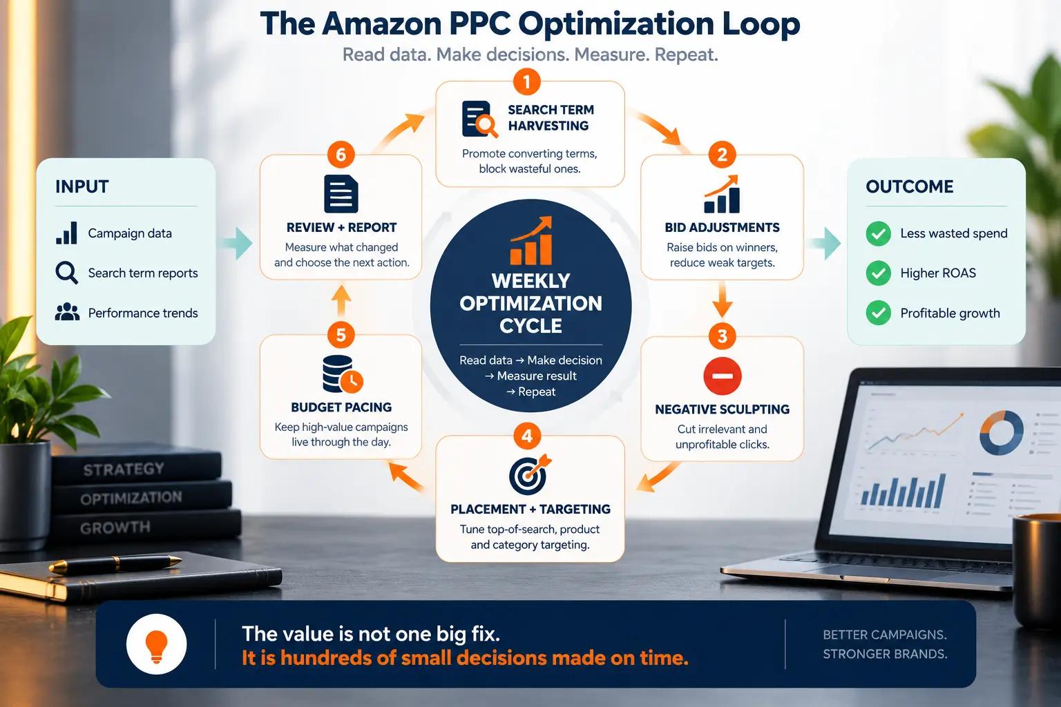 Amazon PPC optimization flywheel showing search term harvesting, bid adjustments, negative keywords, budget pacing, placement tuning, and reporting as a recurring weekly management cycle.