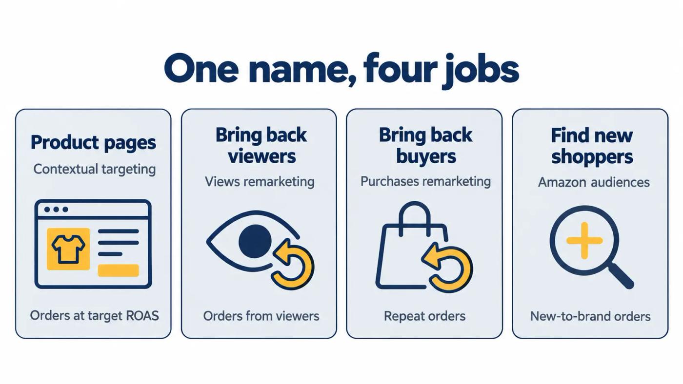 Four Sponsored Display cards showing product-page targeting, views remarketing, purchases remarketing and new-shopper audiences, each with its goal.