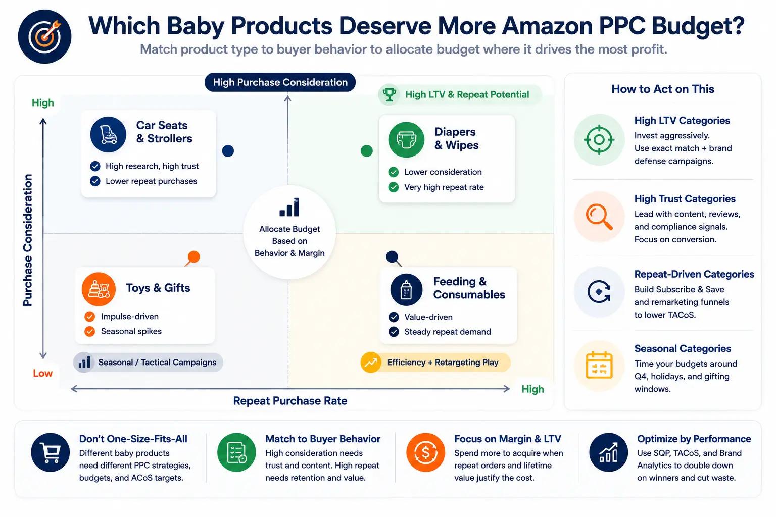 Quadrant chart comparing baby product categories by repeat purchase rate and buying consideration to guide Amazon PPC budget allocation.