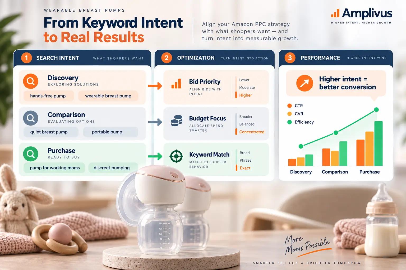 Wearable breast pump PPC timeline showing how keyword intent changes across registry planning, late pregnancy, early postpartum, and return-to-work moments.
