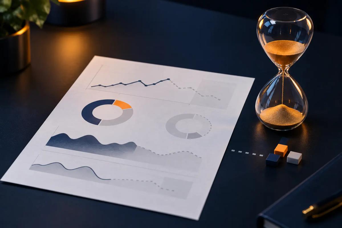 Analytics report with faded charts beside an hourglass, representing SQP data latency and information gaps that can distort Amazon PPC analysis.