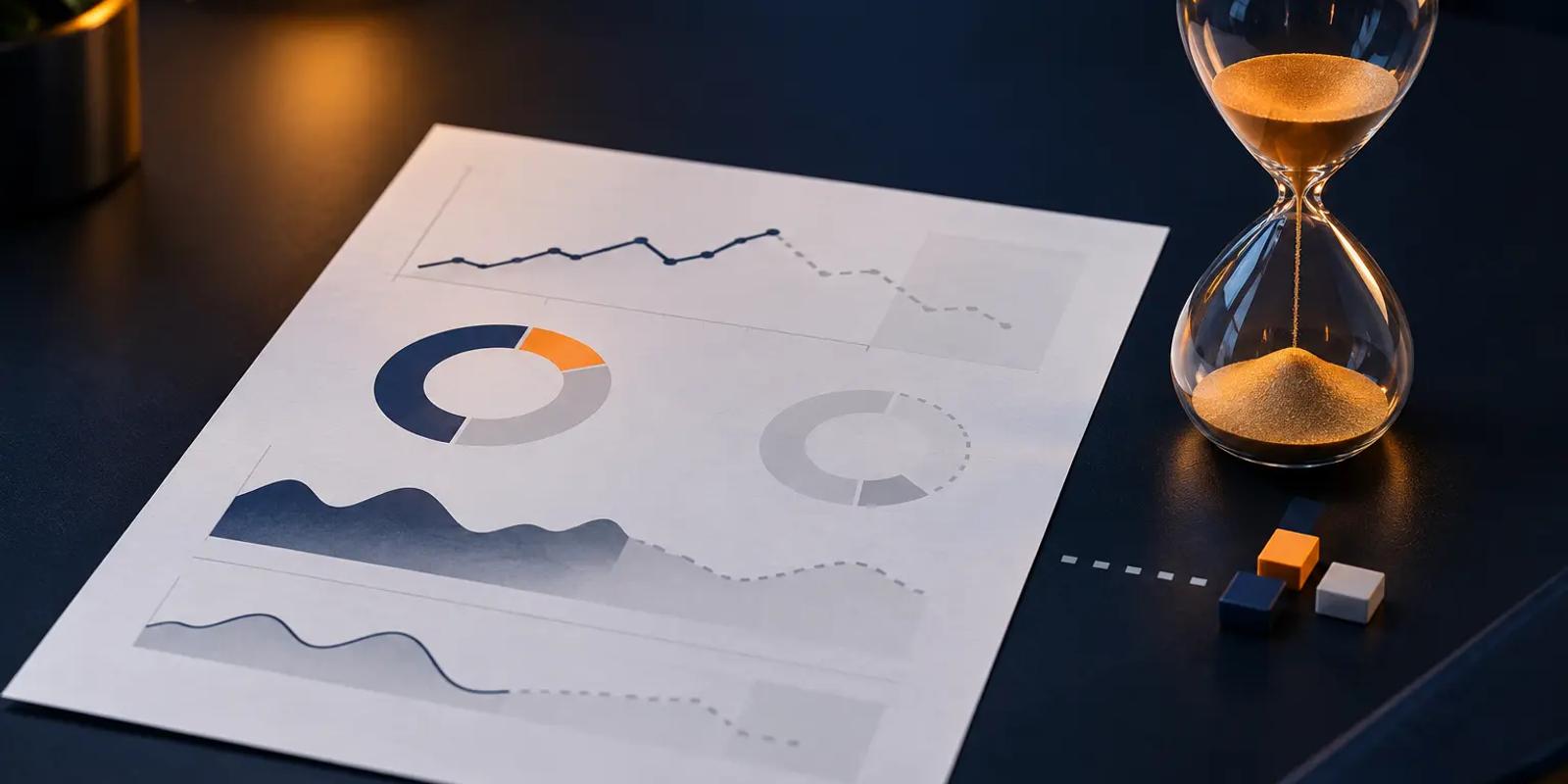 Analytics report with faded charts beside an hourglass, representing SQP data latency and information gaps that can distort Amazon PPC analysis.