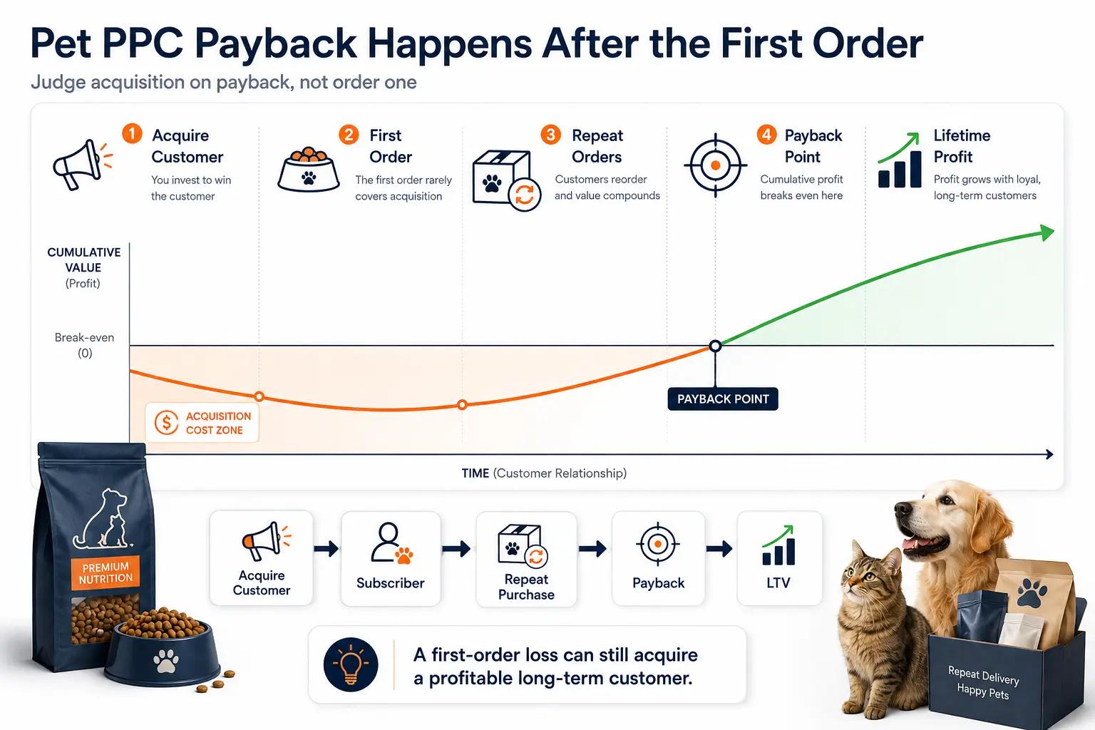 Pet PPC payback curve showing acquisition cost on the first order followed by recurring food purchases that gradually recover acquisition cost and build customer lifetime value.
