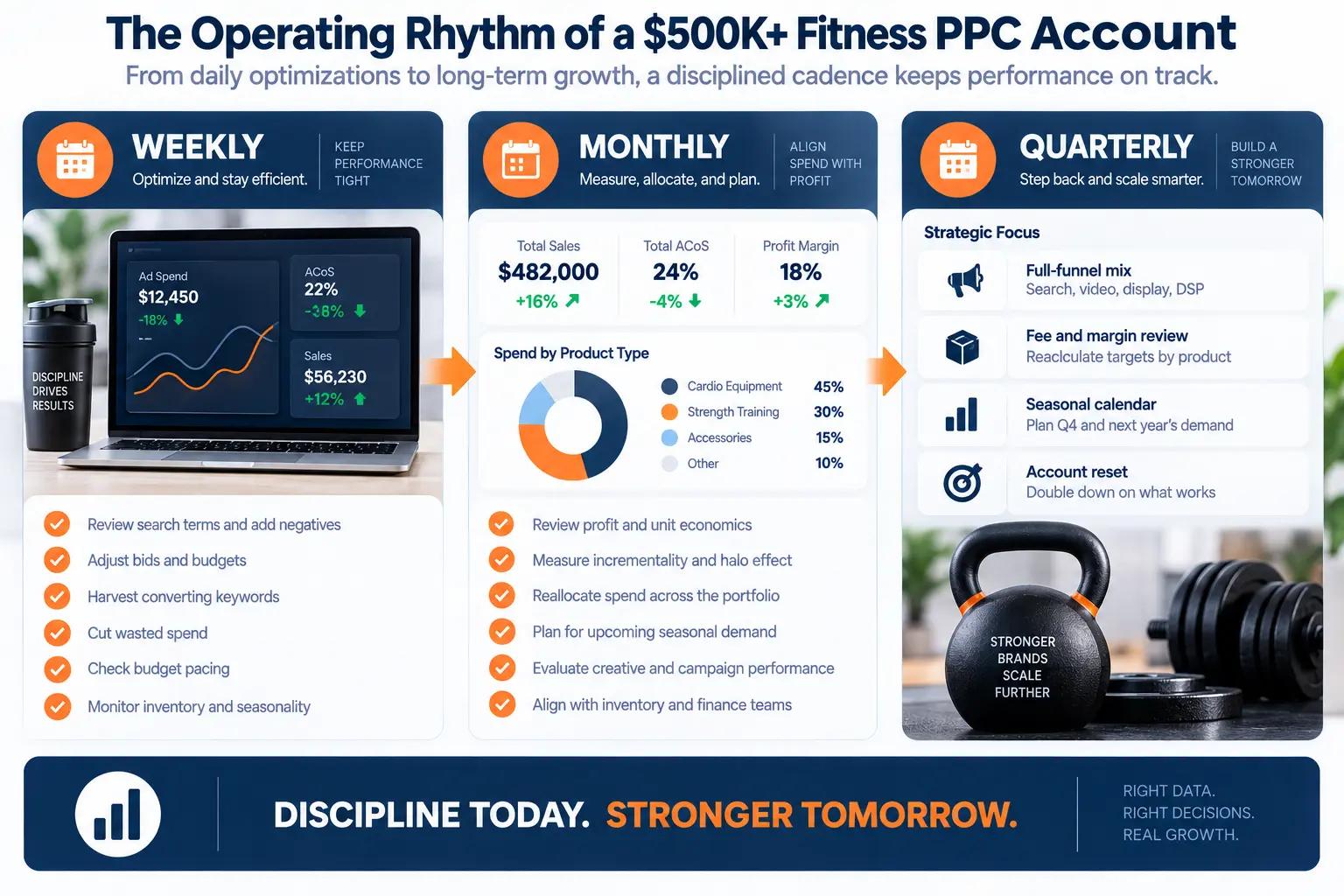 Weekly, monthly, and quarterly Amazon PPC operating cadence for a $500K+ fitness equipment brand.