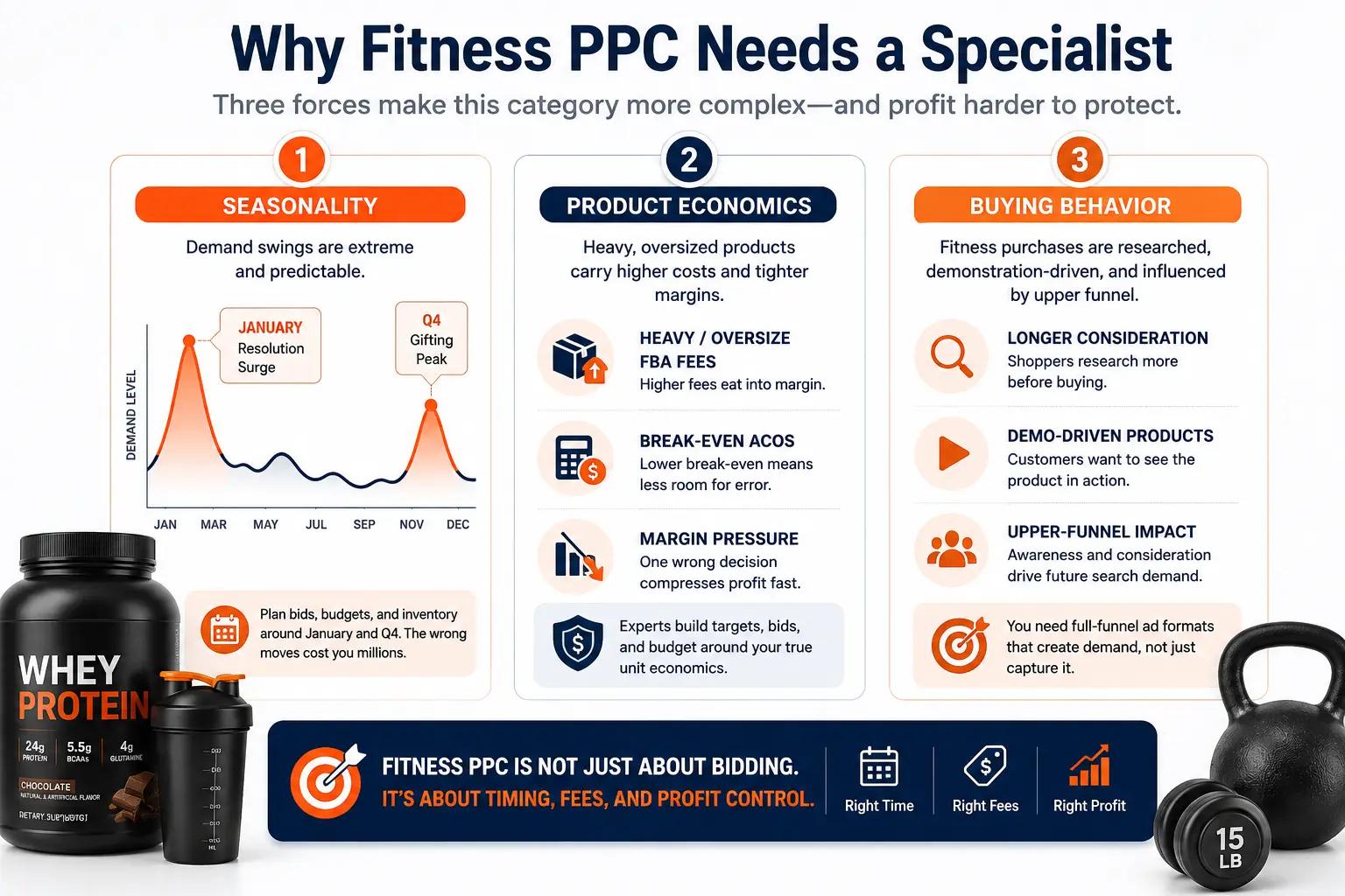 Amazon PPC infographic showing fitness brands facing January demand spikes, Q4 gifting peaks, long consideration cycles, and heavy FBA fees that compress margin.