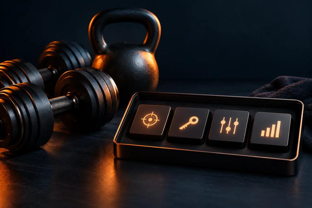 Premium fitness equipment beside a control panel of PPC service icons, representing full-service Amazon PPC management for fitness brands doing over $500K per month.