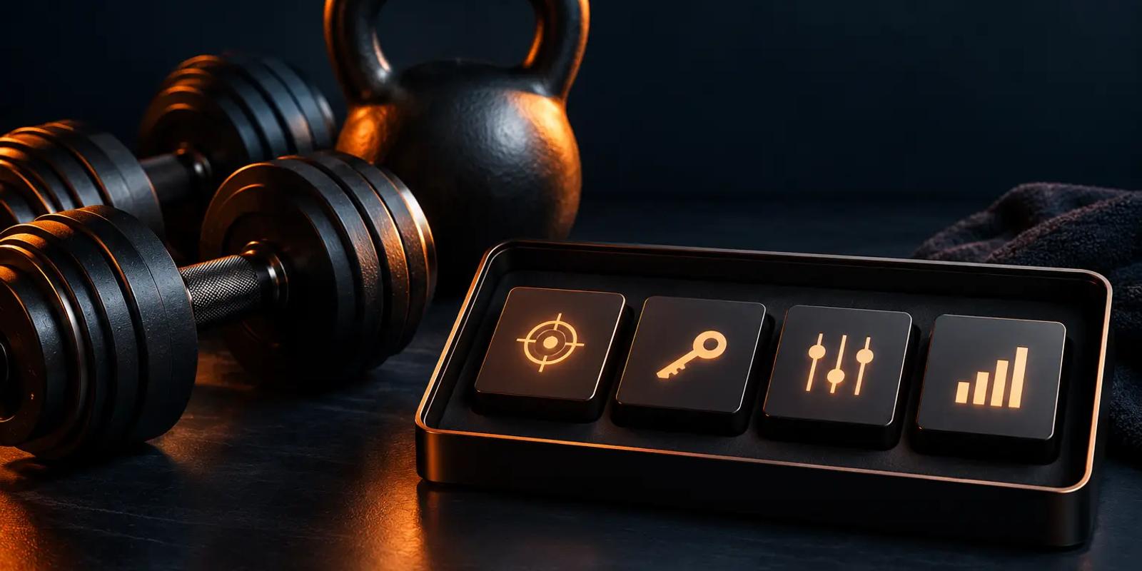 Premium fitness equipment beside a control panel of PPC service icons, representing full-service Amazon PPC management for fitness brands doing over $500K per month.