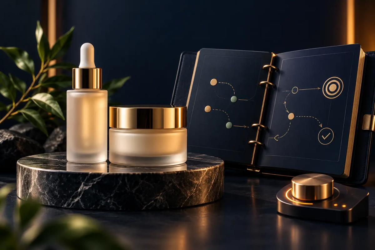 Premium skincare products beside a strategic planning playbook and control dial, representing senior Amazon Ads management for $500K+ beauty brands.