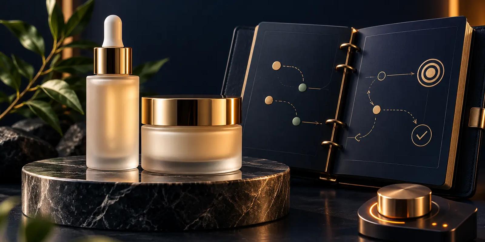 Premium skincare products beside a strategic planning playbook and control dial, representing senior Amazon Ads management for $500K+ beauty brands.