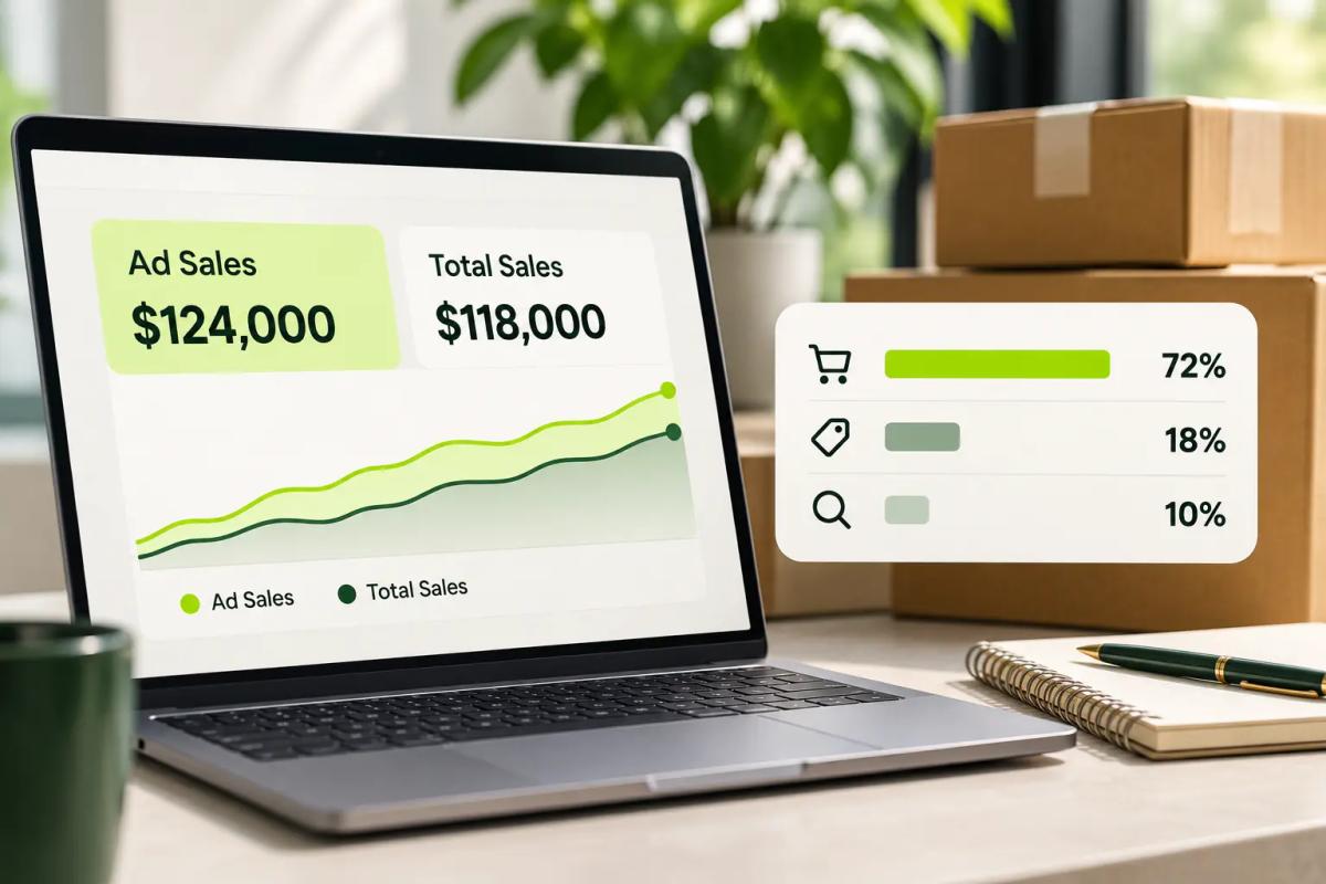 Amazon Ads dashboard showing ad sales higher than total sales with an order-source breakdown, illustrating how attributed ad orders can exceed reported total sales.