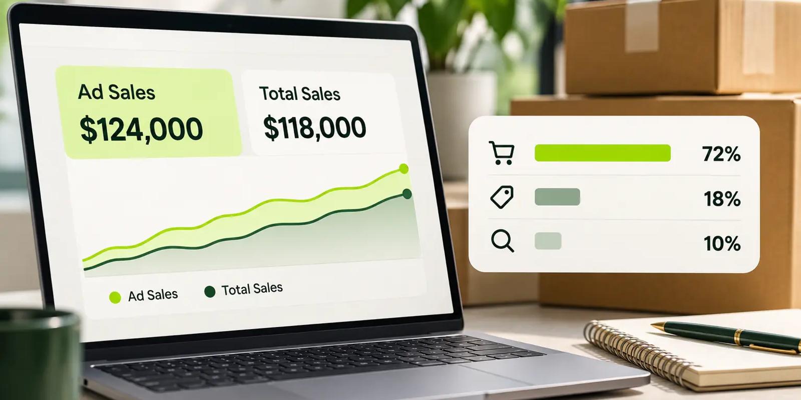 Amazon Ads dashboard showing ad sales higher than total sales with an order-source breakdown, illustrating how attributed ad orders can exceed reported total sales.