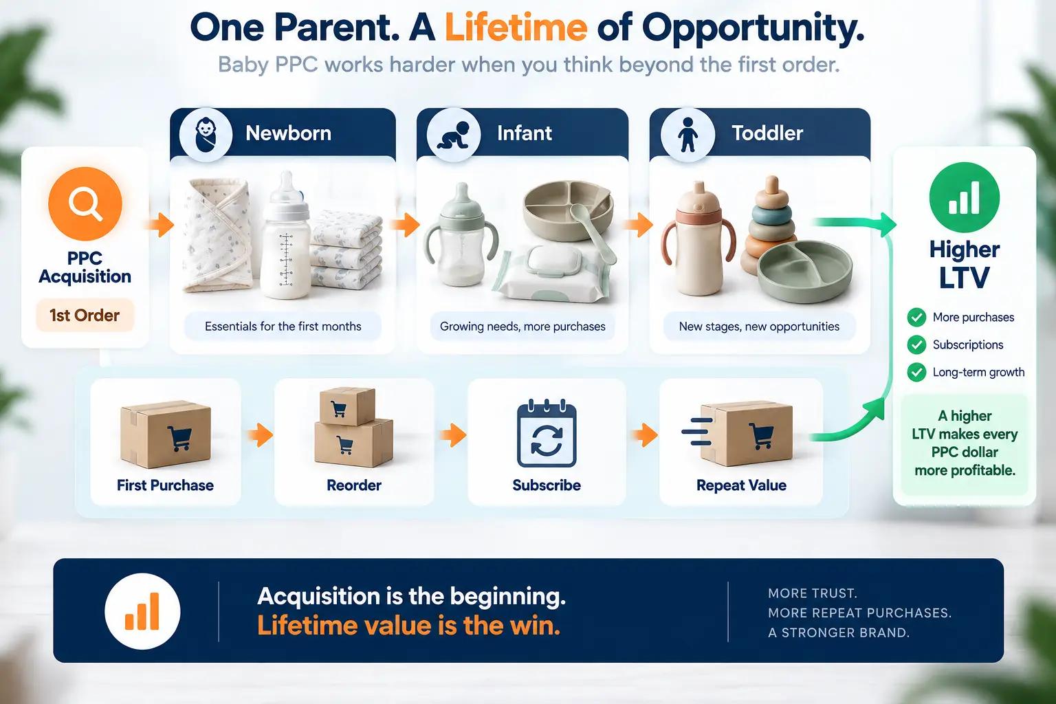 Baby PPC customer journey showing how acquisition can lead to repeat purchases, subscriptions, and purchases across newborn-to-toddler life stages.