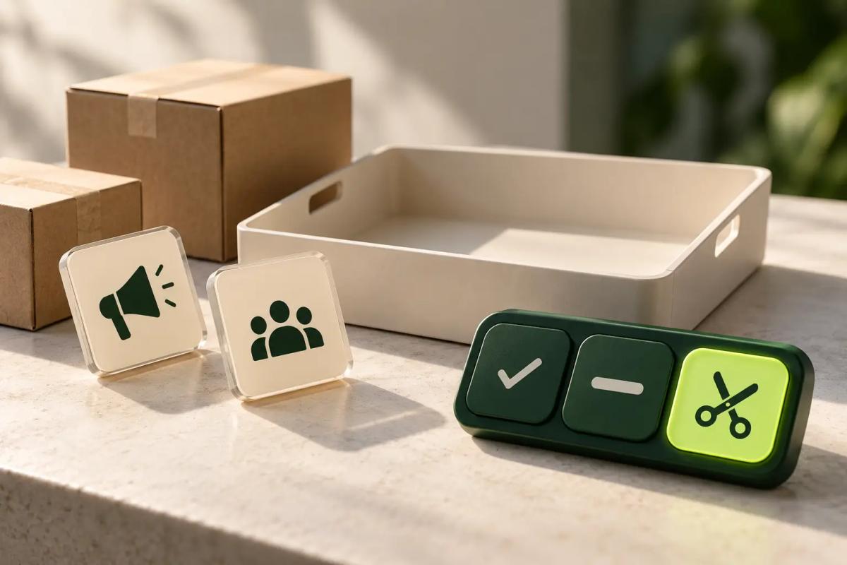 Minimal campaign decision scene with off-Amazon and creator placement icons beside keep, limit, and cut controls, representing zero-order placement decisions in Amazon Ads.