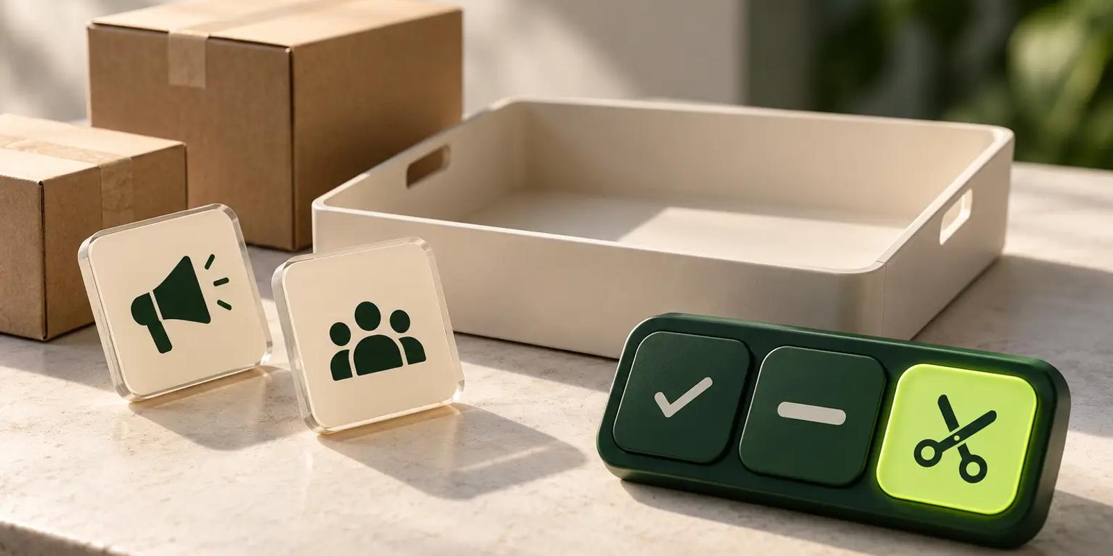 Minimal campaign decision scene with off-Amazon and creator placement icons beside keep, limit, and cut controls, representing zero-order placement decisions in Amazon Ads.