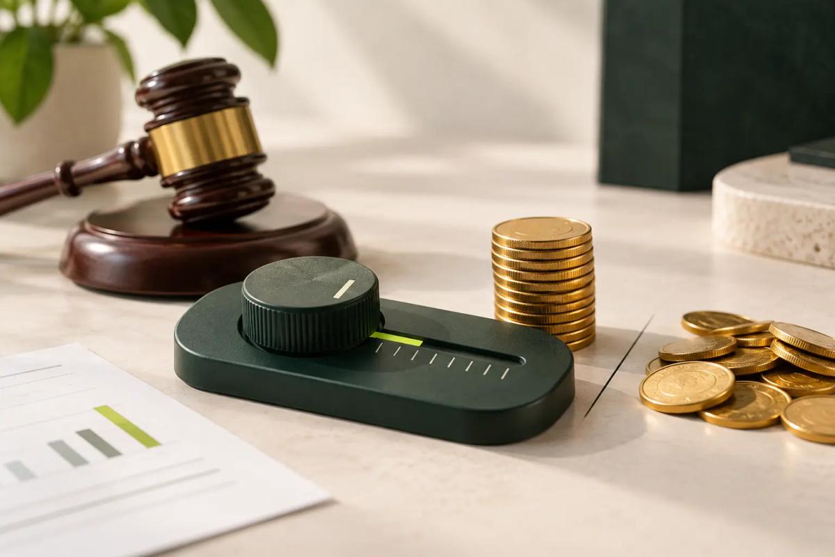 Judge’s gavel, coin stacks, and a bid-control dial on a clean desk, representing the FTC finding that Sponsored Products advertisers often paid their own bid and the need for smarter Amazon PPC bid setting.