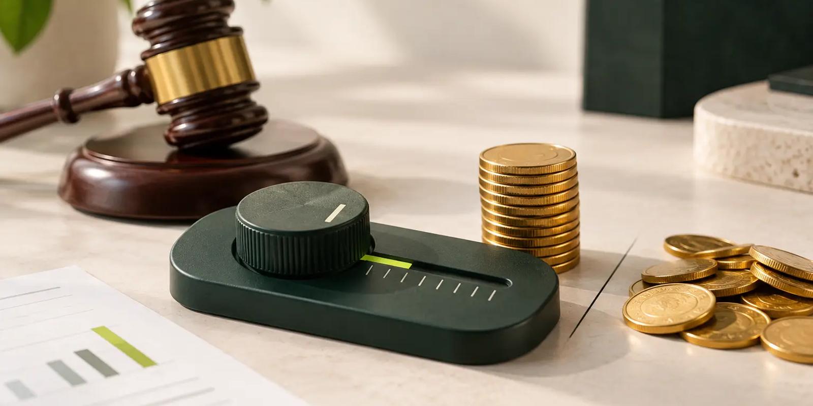 Judge’s gavel, coin stacks, and a bid-control dial on a clean desk, representing the FTC finding that Sponsored Products advertisers often paid their own bid and the need for smarter Amazon PPC bid setting.