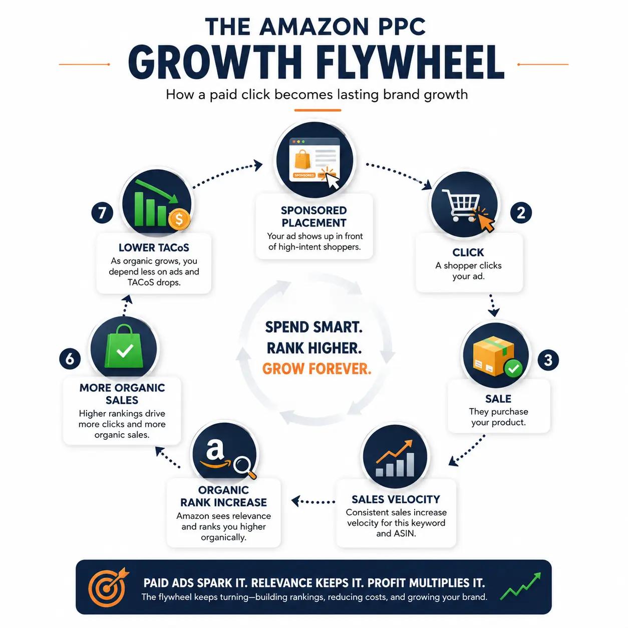 Circular Amazon PPC growth flywheel infographic showing the journey from sponsored placement to click, sale, sales velocity, organic rank increase, more organic sales, and lower TACoS, illustrating how paid advertising contributes to long-term brand growth on Amazon.