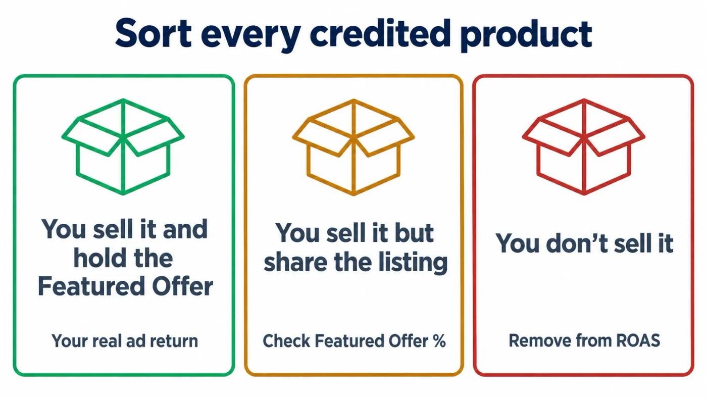 Three cards sorting credited products: sold by you with the Featured Offer, sold by you on a shared listing, and not sold by you.
