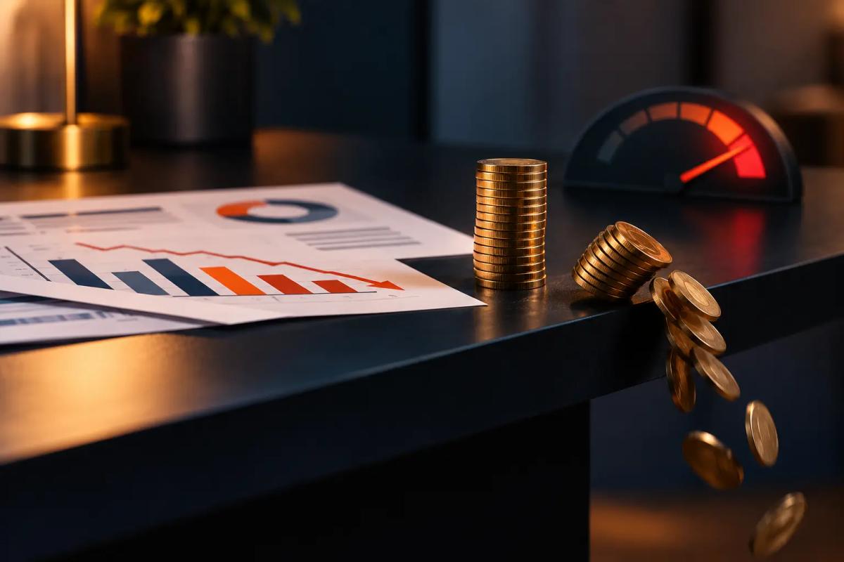 Gold coins falling from a desk beside declining performance charts and a red cost gauge, representing the financial impact of Amazon PPC mismanagement on a $1M+ brand.