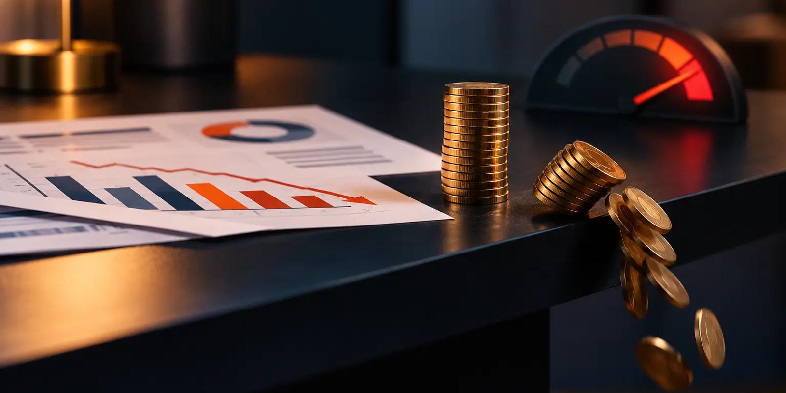 Gold coins falling from a desk beside declining performance charts and a red cost gauge, representing the financial impact of Amazon PPC mismanagement on a $1M+ brand.
