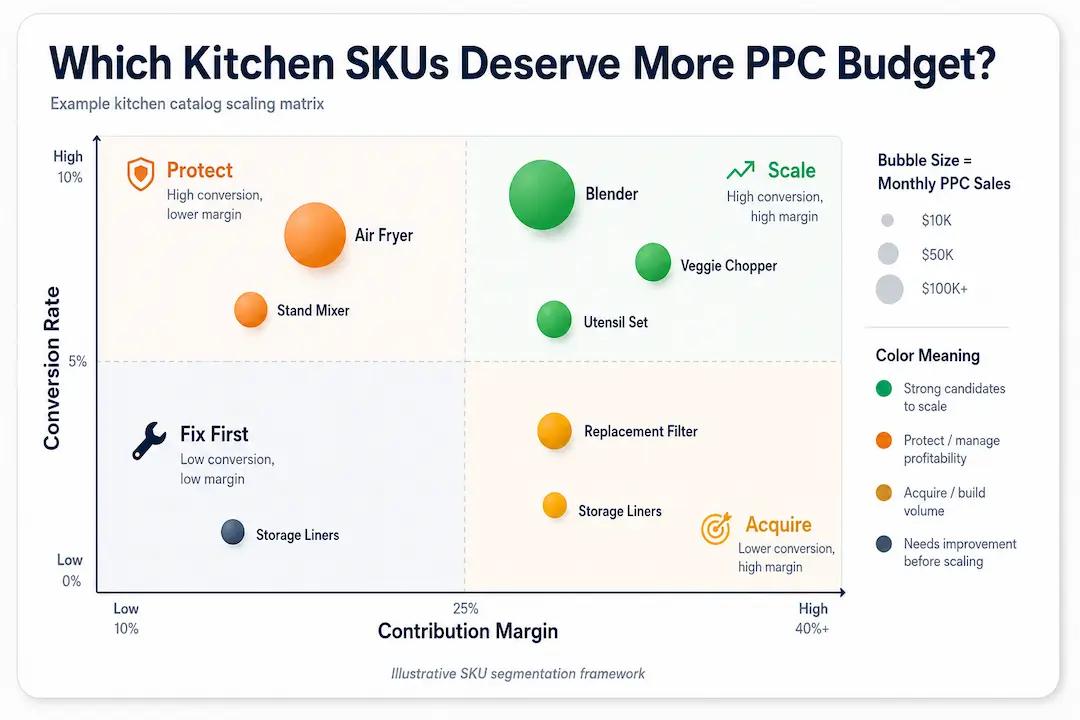 Bubble chart comparing kitchen appliances, gadgets and consumable accessories by contribution margin, conversion rate and Amazon PPC sales.