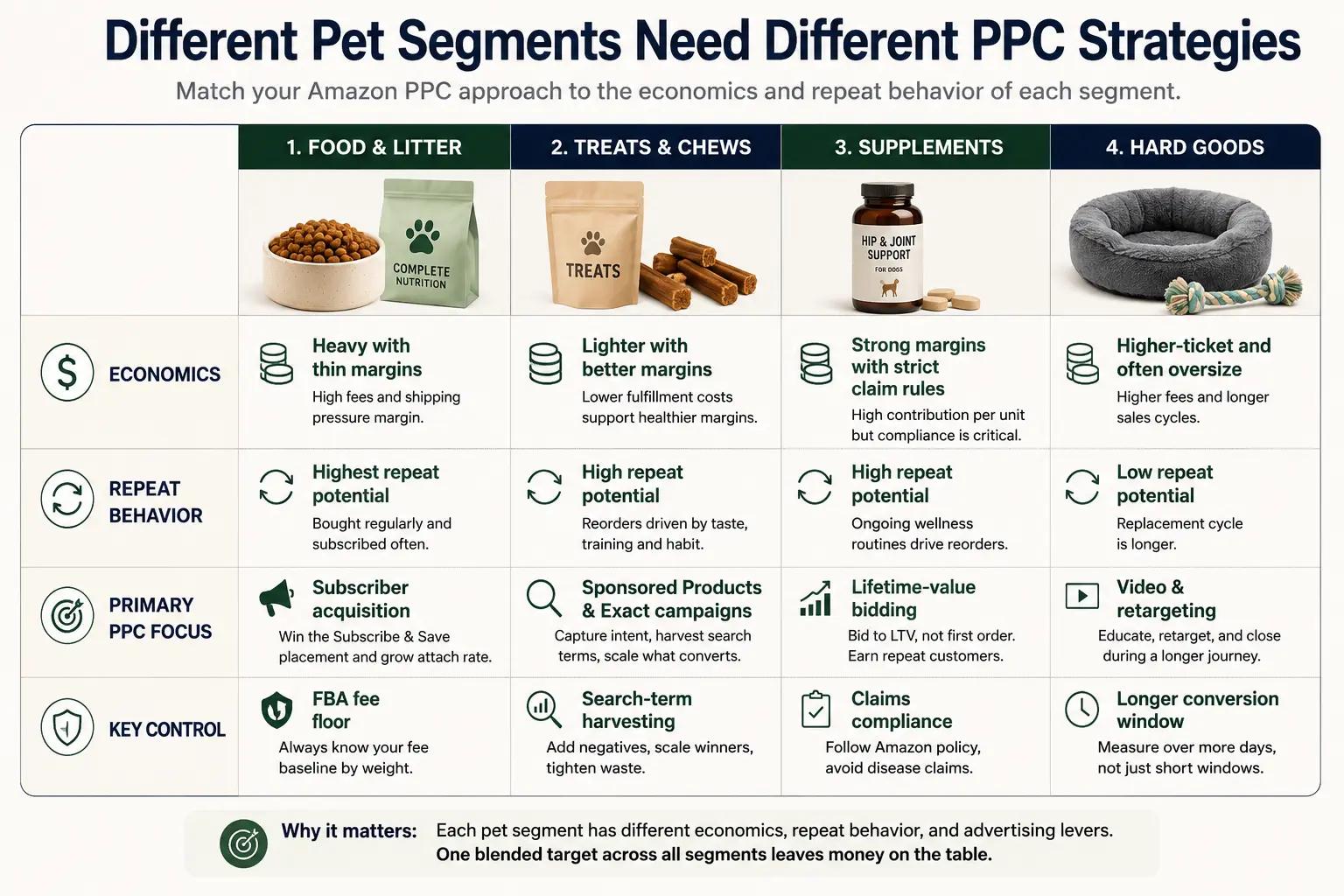 Comparison of Amazon PPC strategies for pet food, treats, supplements and hard goods based on margins, repeat purchases, fees and campaign focus.