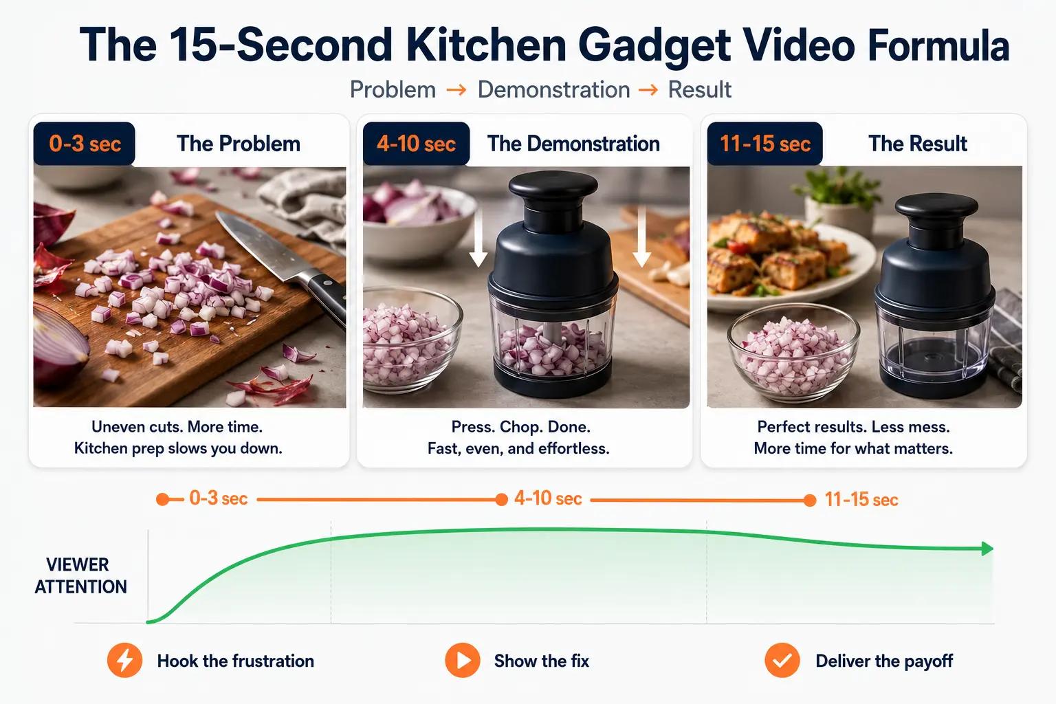 15-second kitchen gadget video storyboard showing the customer problem, product demonstration, clean result, and final product frame.