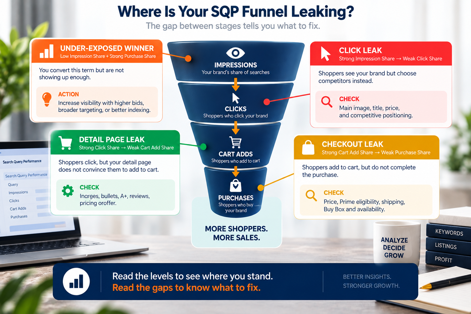 Amazon SQP funnel infographic showing impression share, click share, cart add share, and purchase share with different drop-off patterns and the likely issue behind each leak.