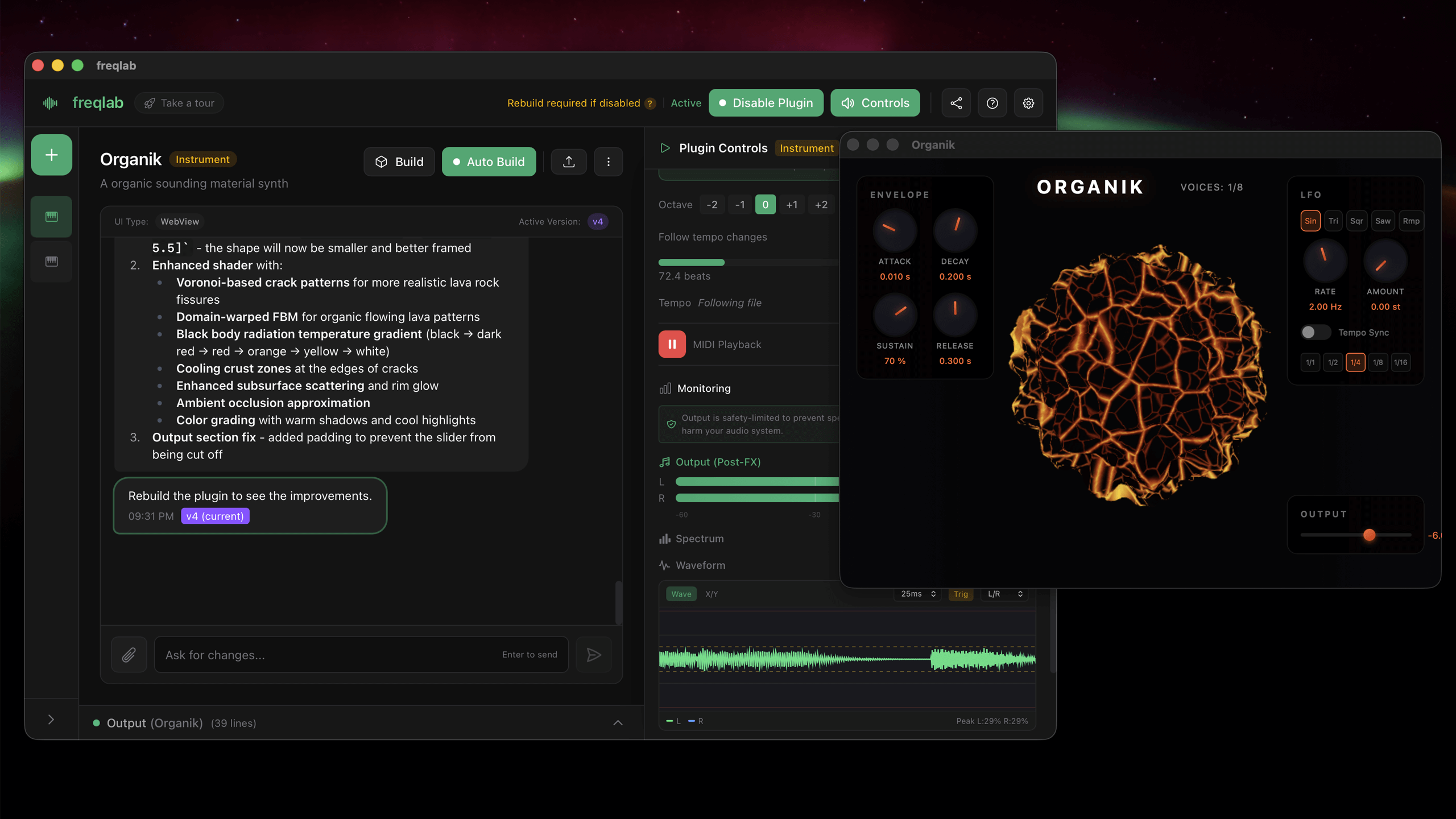 freqlab interface showing a generated audio plugin