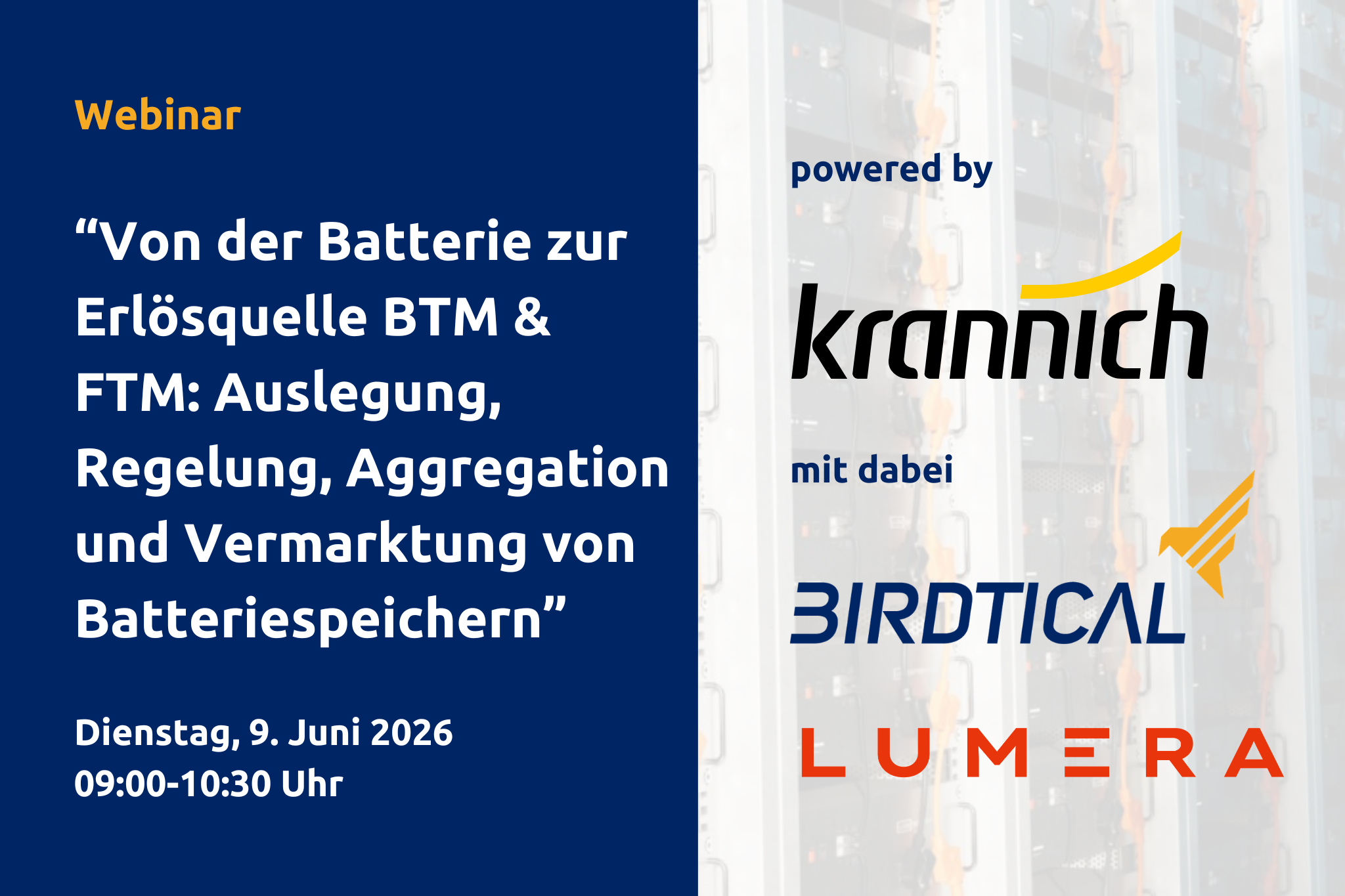 Webinar zu Geschäftsmodellen, Auslegung und Vermarktung von Gewerbespeichern mit Lumera Energy, Birdtial und TradefleX