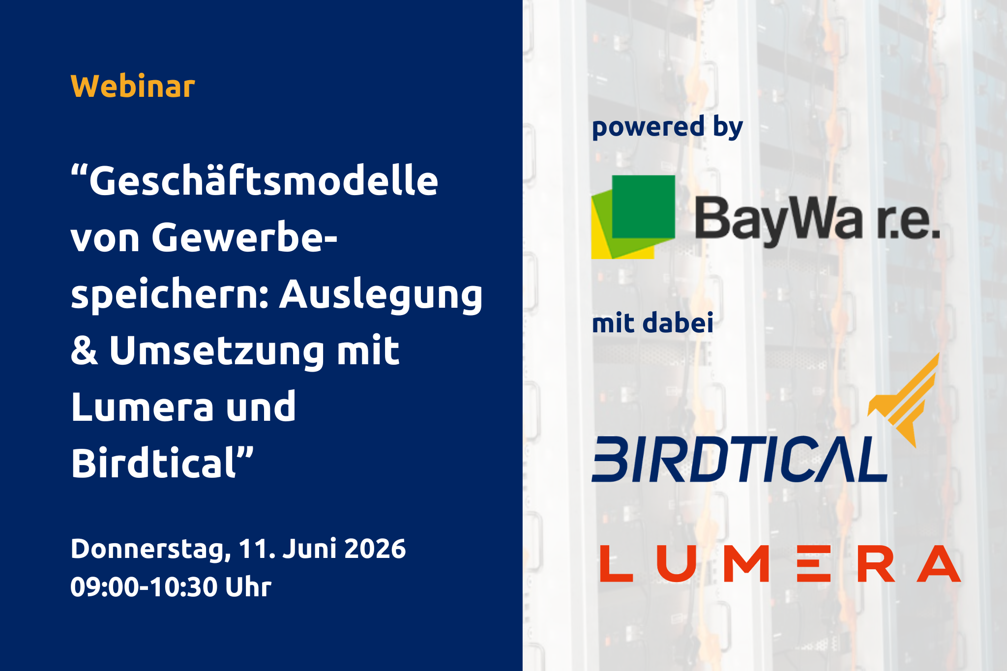 Webinar zu Geschäftsmodellen von Gewerbespeichern mit BayWa r.e., Lumera Energy, Birdtial und TradefleX