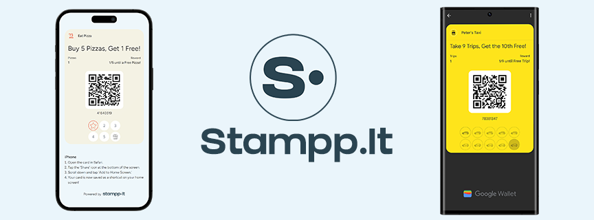 An image showing Stampp.It's logo as well as two devices with digital loyalty cards on