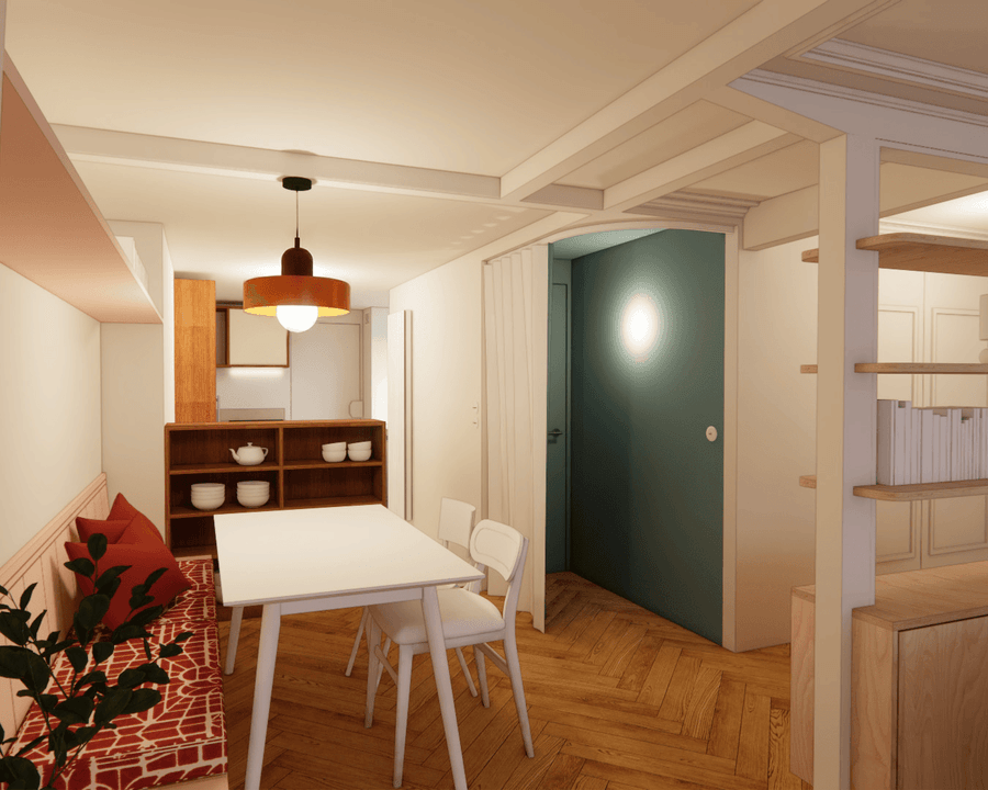 Rideau séparant l'accès aux toilettes de l'espace repas