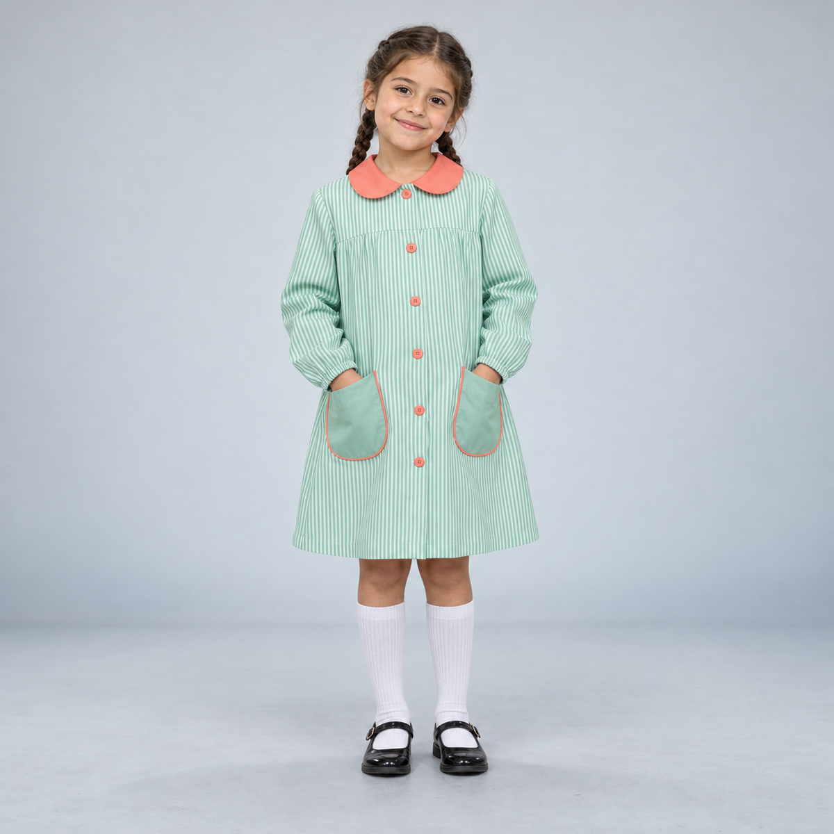 Bata de Rayas Verdes con Cuello Coral - 1
