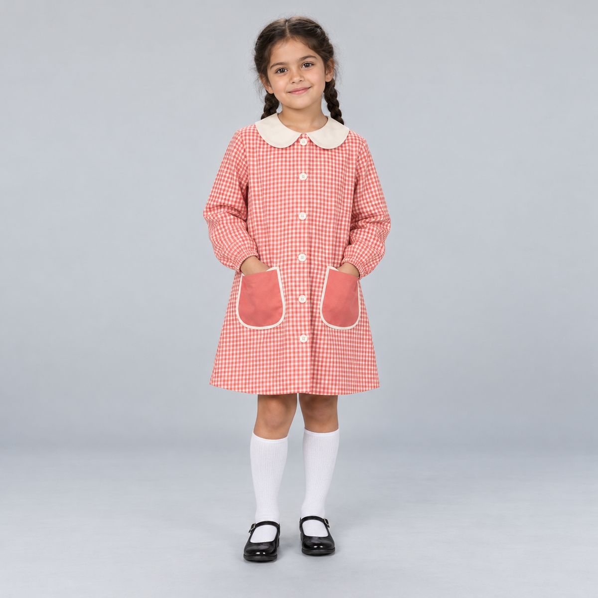 Bata Vichy Coral con Cuello Crudo - 1