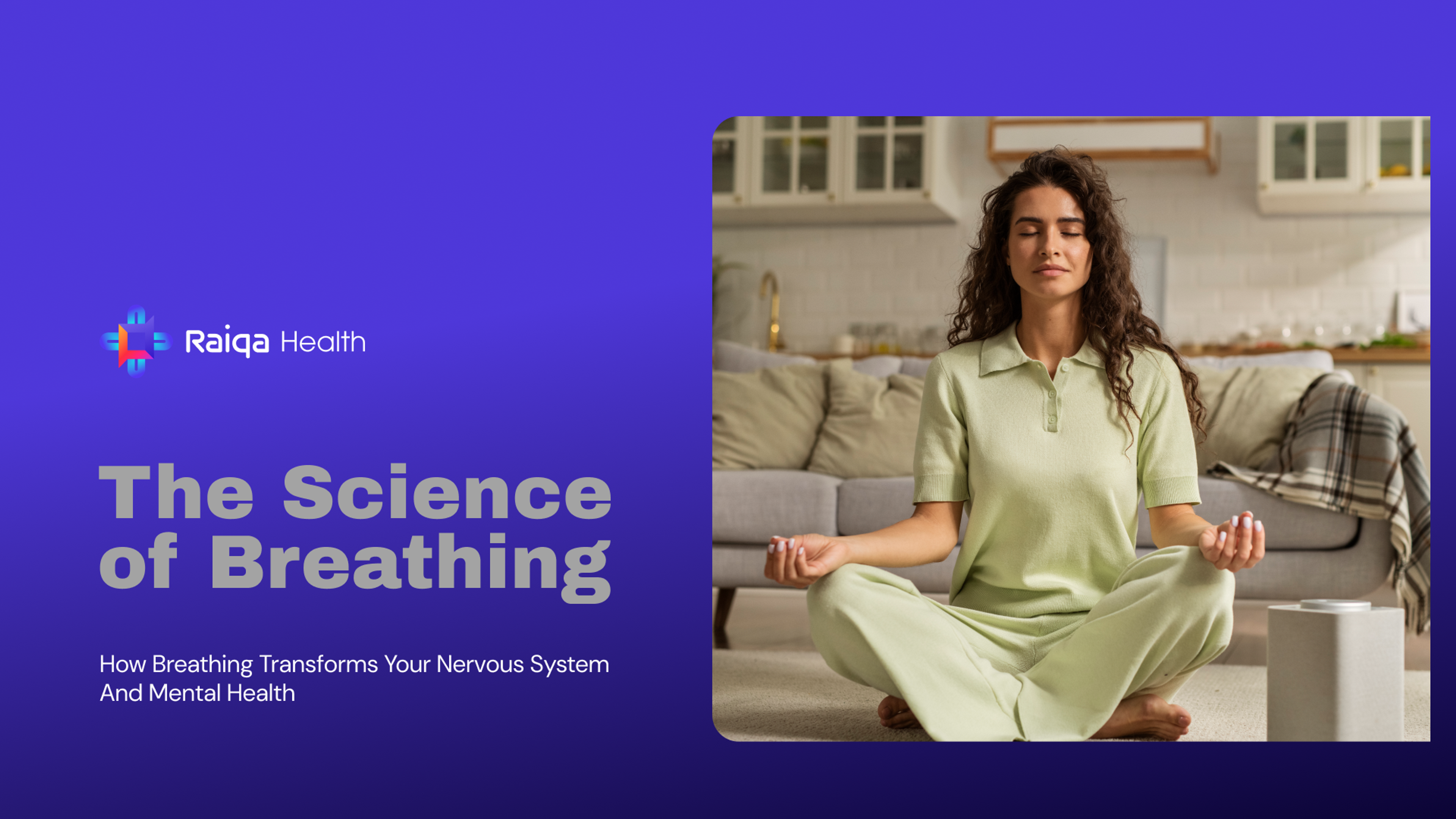 Woman practicing mindful breathing meditation at home, symbolizing relaxation and nervous system balance