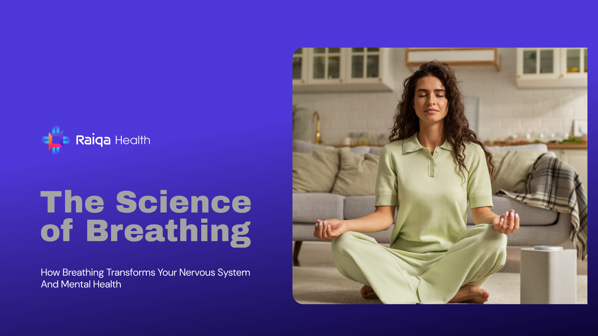 Woman practicing mindful breathing meditation at home, symbolizing relaxation and nervous system balance