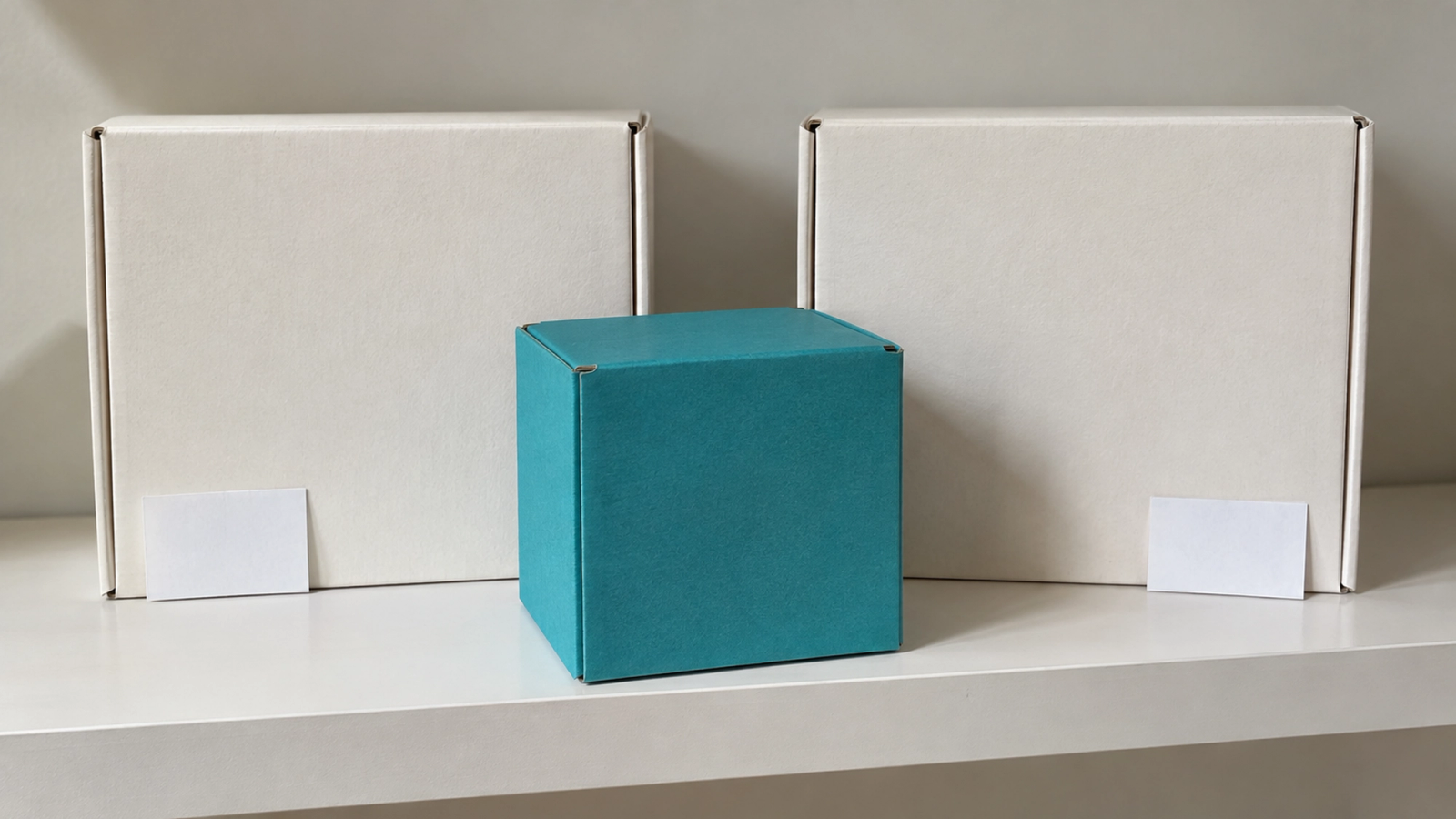 Compare the two they search for. Stand in the middle. Two identical boxes with price tags and a smaller turquoise box between them, illustrating the two-competitor comparison shape for SEO and GEO