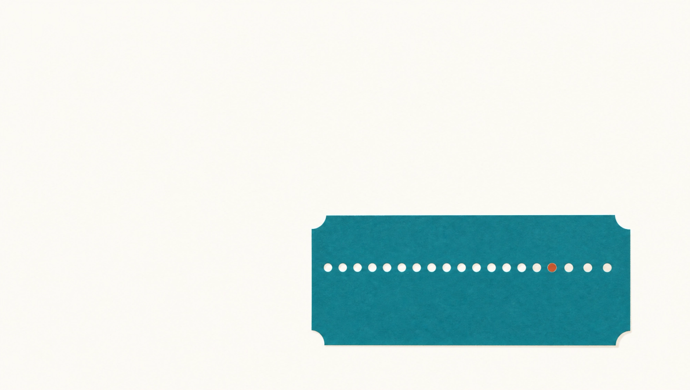A punch card with most of its holes already used, illustrating a flat monthly fee spread across many published articles
